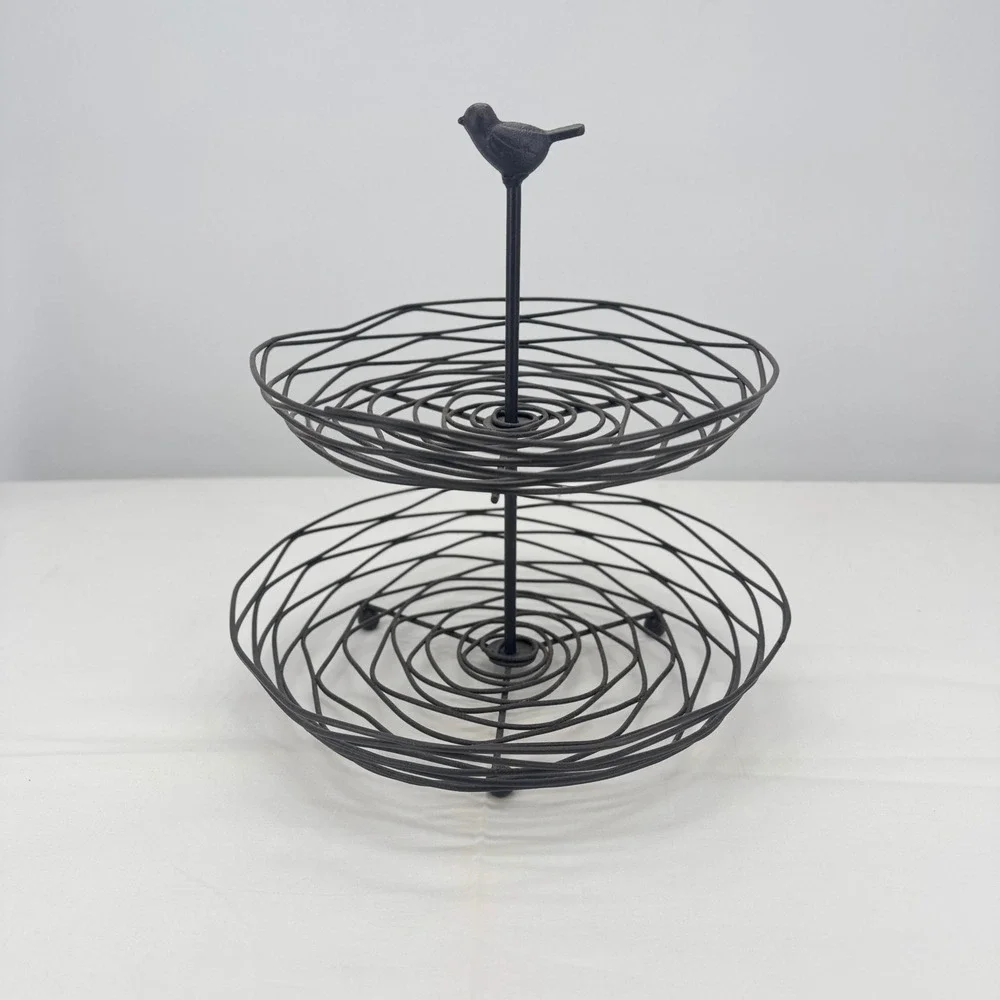 Rustic 2 Tier Wire Bird Finial Fruit Basket Stand Bronze Metal Nest Server 12in